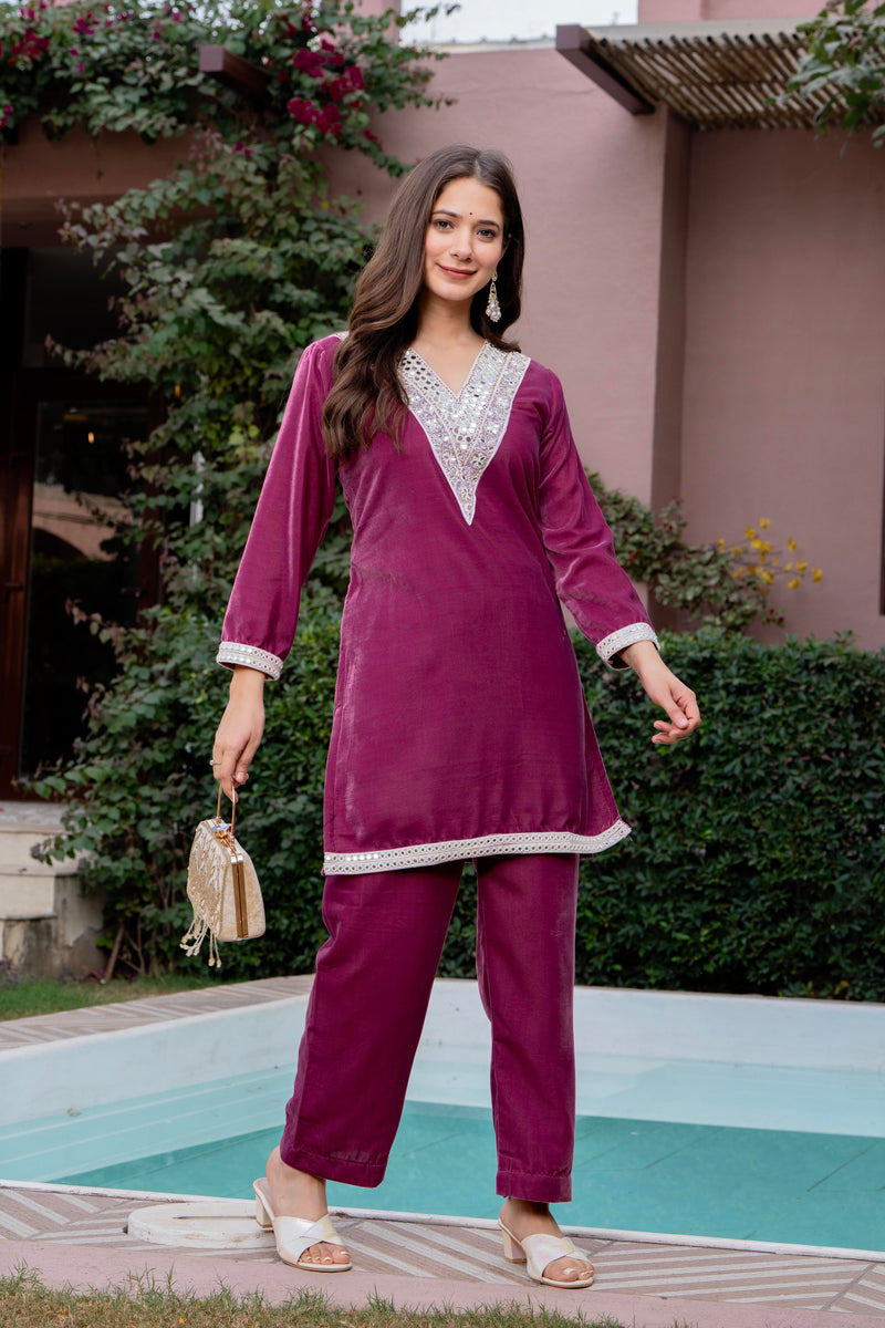 Poshak Hub Women Peach Mirror Work Embroidery Velvet Tunic with Trouser Co-ord Set