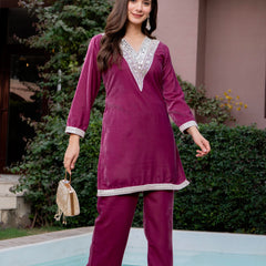 Poshak Hub Women Peach Mirror Work Embroidery Velvet Tunic with Trouser Co-ord Set