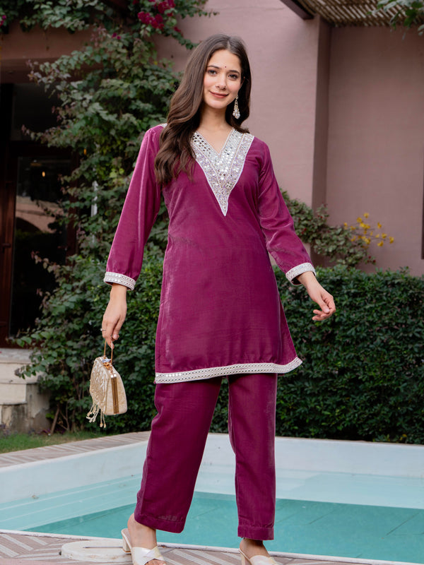 Poshak Hub Women Peach Mirror Work Embroidery Velvet Tunic with Trouser Co-ord Set