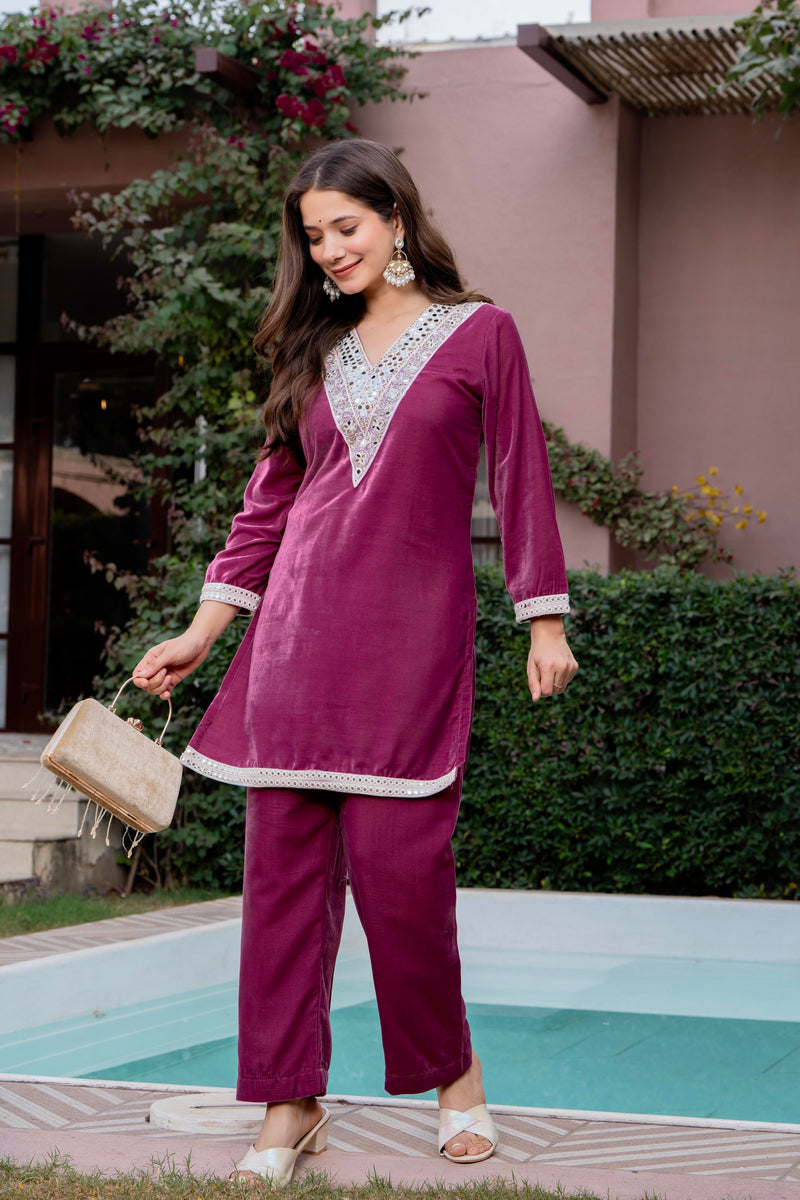 Poshak Hub Women Peach Mirror Work Embroidery Velvet Tunic with Trouser Co-ord Set