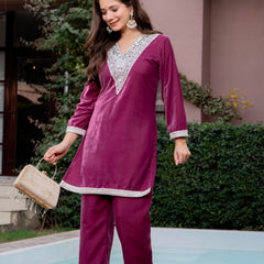 Poshak Hub Women Peach Mirror Work Embroidery Velvet Tunic with Trouser Co-ord Set