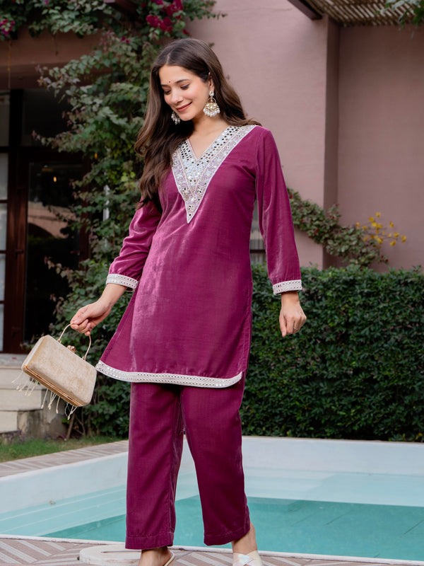 Poshak Hub Women Peach Mirror Work Embroidery Velvet Tunic with Trouser Co-ord Set