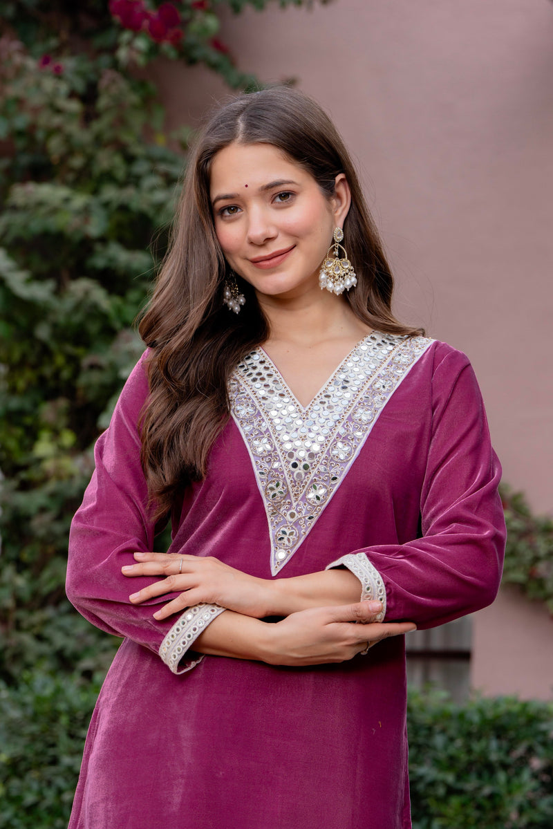 Poshak Hub Women Peach Mirror Work Embroidery Velvet Tunic with Trouser Co-ord Set