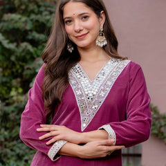 Poshak Hub Women Peach Mirror Work Embroidery Velvet Tunic with Trouser Co-ord Set