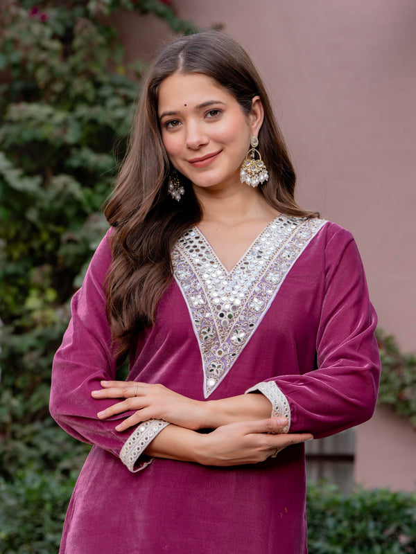 Poshak Hub Women Peach Mirror Work Embroidery Velvet Tunic with Trouser Co-ord Set
