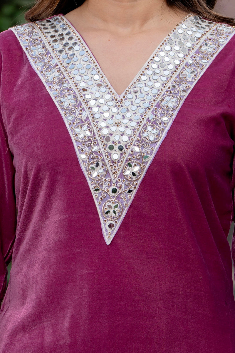 Poshak Hub Women Peach Mirror Work Embroidery Velvet Tunic with Trouser Co-ord Set