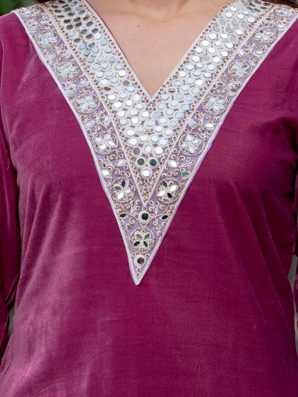 Poshak Hub Women Peach Mirror Work Embroidery Velvet Tunic with Trouser Co-ord Set