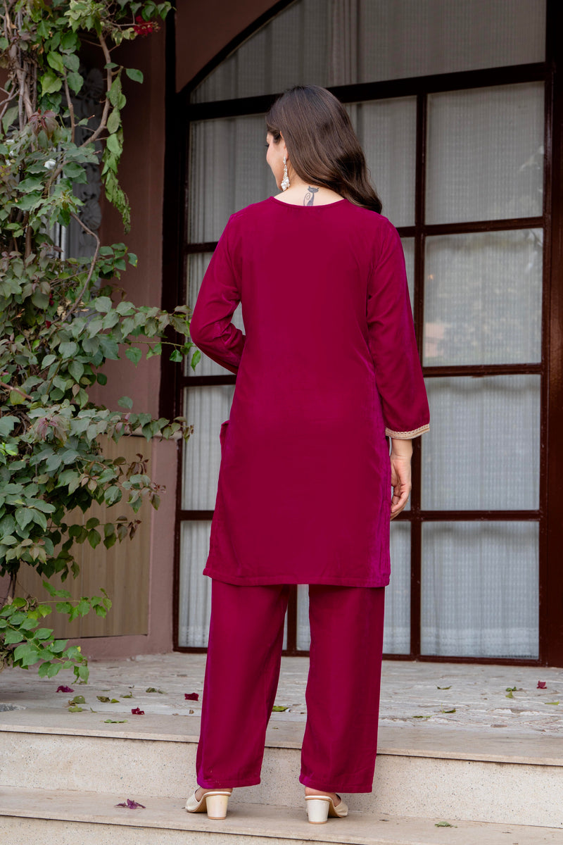Poshak Hub Women Dark Pink Mirror Work Embroidery Velvet Tunic with Trouser Co-ord Set
