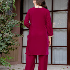 Poshak Hub Women Dark Pink Mirror Work Embroidery Velvet Tunic with Trouser Co-ord Set