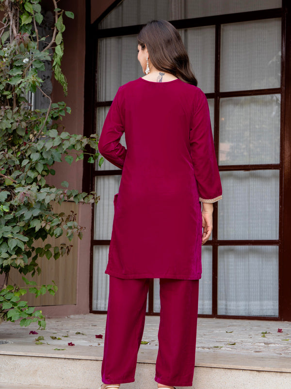 Poshak Hub Women Dark Pink Mirror Work Embroidery Velvet Tunic with Trouser Co-ord Set
