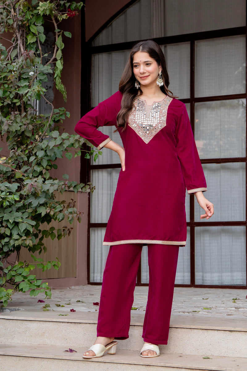 Poshak Hub Women Dark Pink Mirror Work Embroidery Velvet Tunic with Trouser Co-ord Set