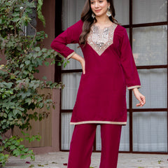 Poshak Hub Women Dark Pink Mirror Work Embroidery Velvet Tunic with Trouser Co-ord Set