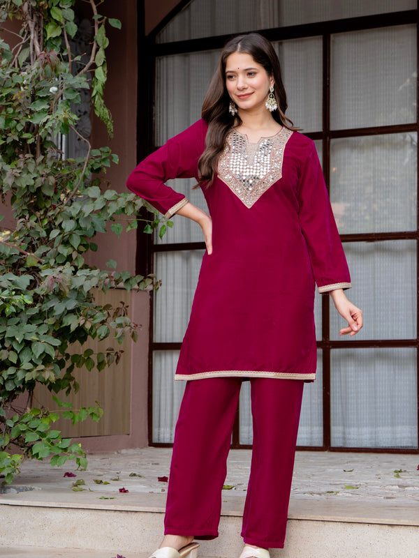 Poshak Hub Women Dark Pink Mirror Work Embroidery Velvet Tunic with Trouser Co-ord Set
