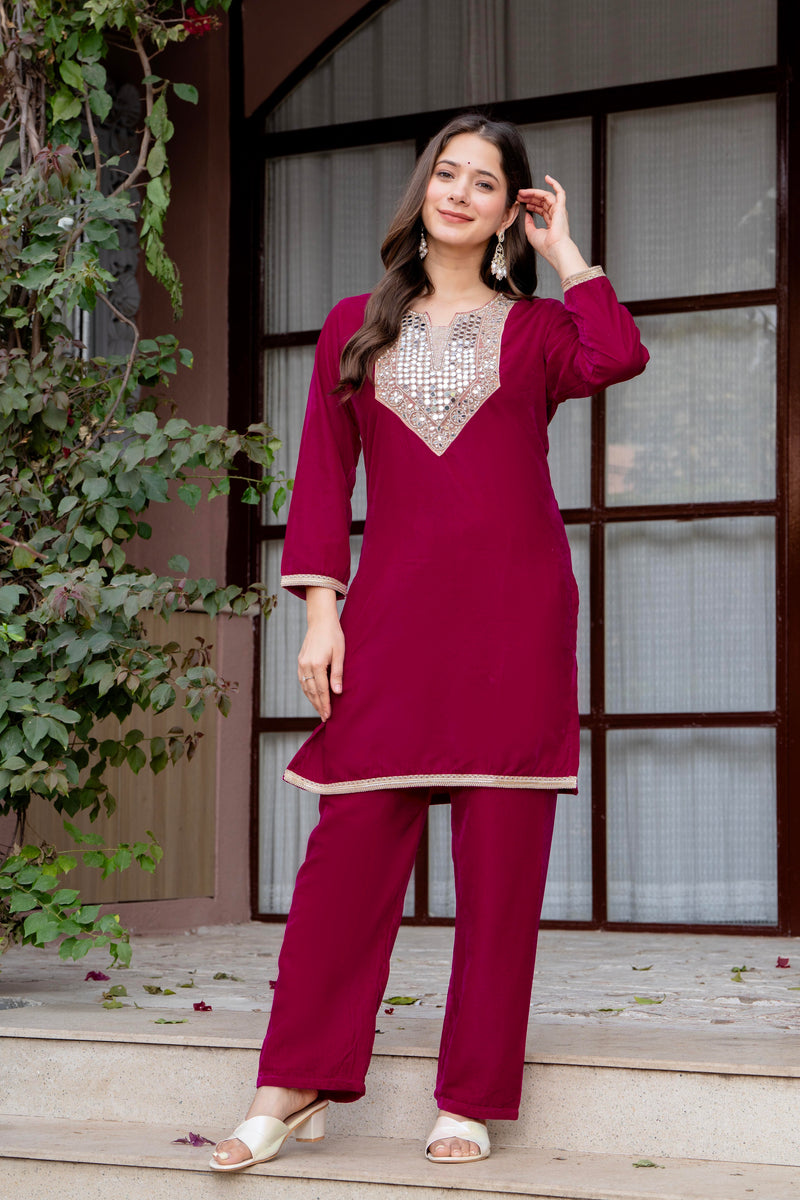 Poshak Hub Women Dark Pink Mirror Work Embroidery Velvet Tunic with Trouser Co-ord Set