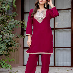 Poshak Hub Women Dark Pink Mirror Work Embroidery Velvet Tunic with Trouser Co-ord Set