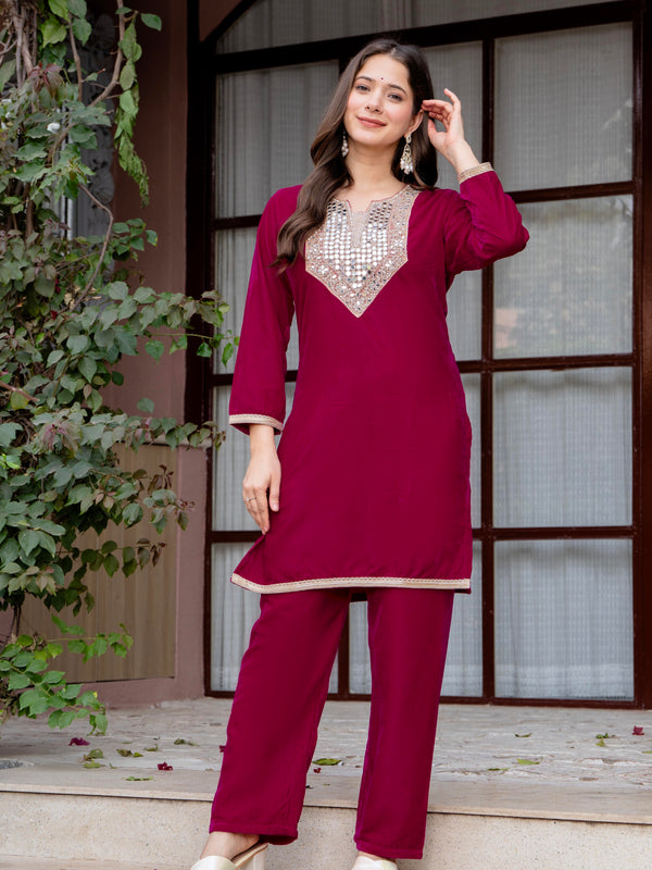 Poshak Hub Women Dark Pink Mirror Work Embroidery Velvet Tunic with Trouser Co-ord Set