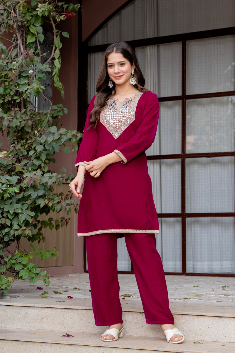 Poshak Hub Women Dark Pink Mirror Work Embroidery Velvet Tunic with Trouser Co-ord Set