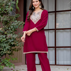 Poshak Hub Women Dark Pink Mirror Work Embroidery Velvet Tunic with Trouser Co-ord Set