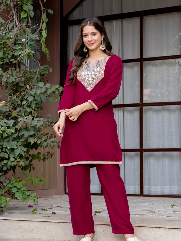 Poshak Hub Women Dark Pink Mirror Work Embroidery Velvet Tunic with Trouser Co-ord Set