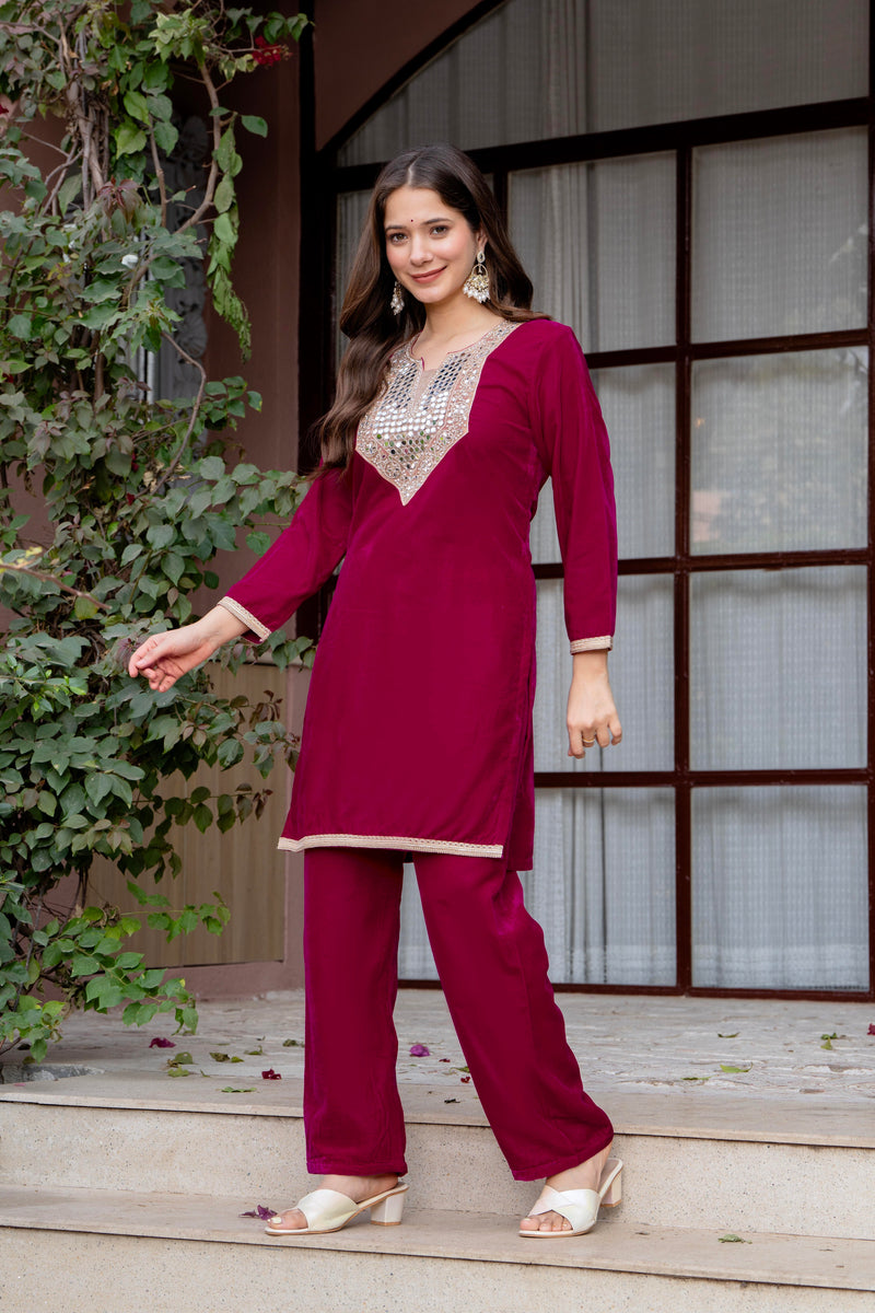 Poshak Hub Women Dark Pink Mirror Work Embroidery Velvet Tunic with Trouser Co-ord Set