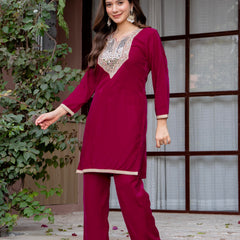 Poshak Hub Women Dark Pink Mirror Work Embroidery Velvet Tunic with Trouser Co-ord Set