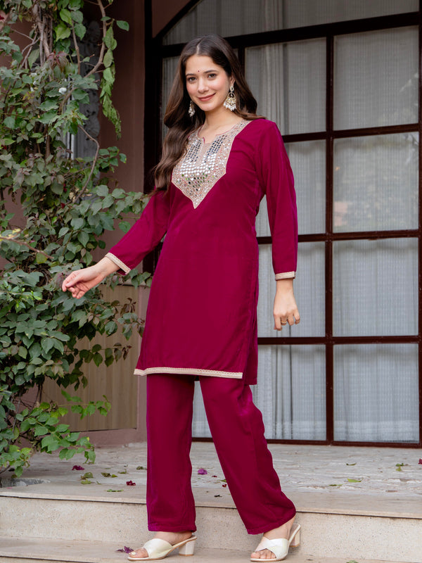Poshak Hub Women Dark Pink Mirror Work Embroidery Velvet Tunic with Trouser Co-ord Set