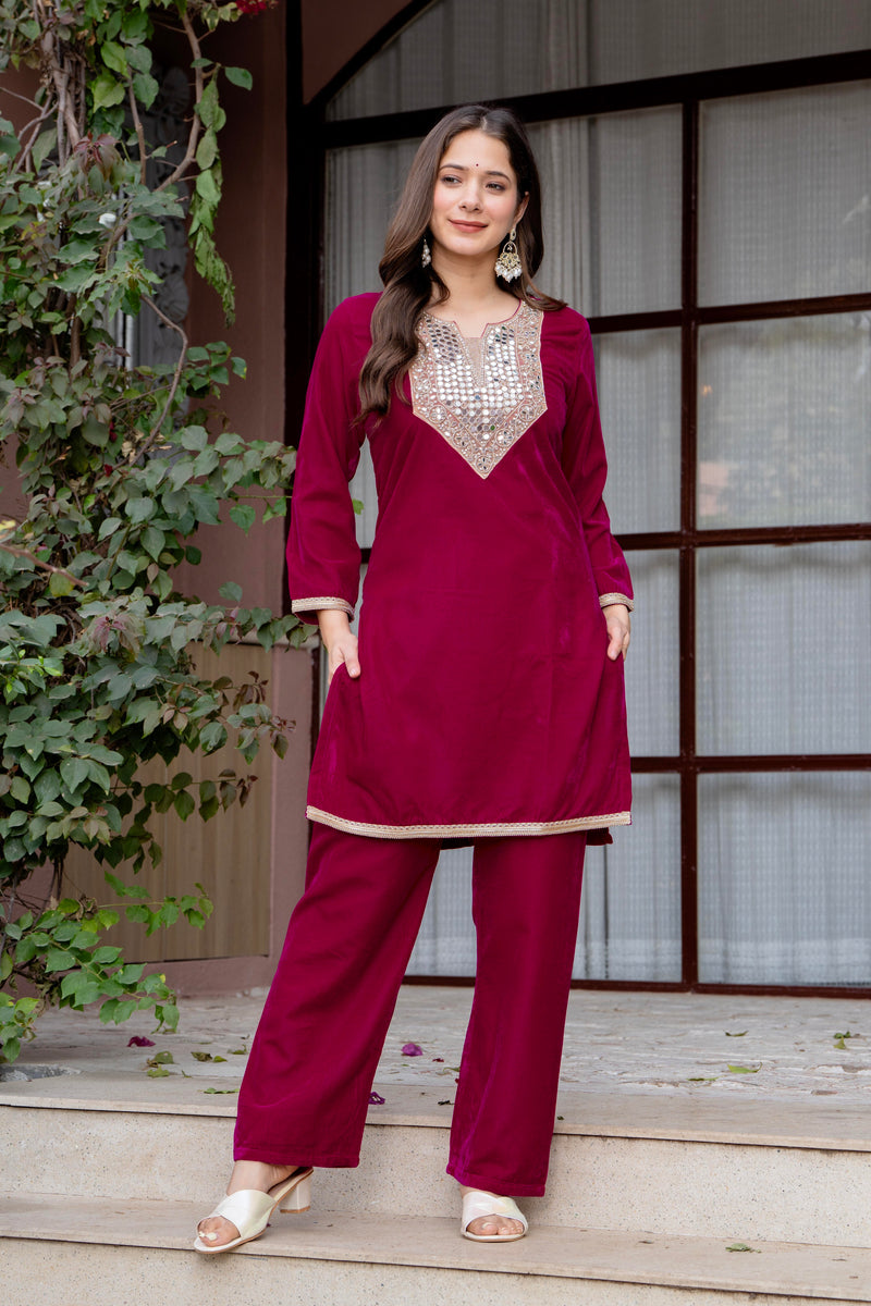 Poshak Hub Women Dark Pink Mirror Work Embroidery Velvet Tunic with Trouser Co-ord Set