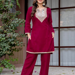 Poshak Hub Women Dark Pink Mirror Work Embroidery Velvet Tunic with Trouser Co-ord Set