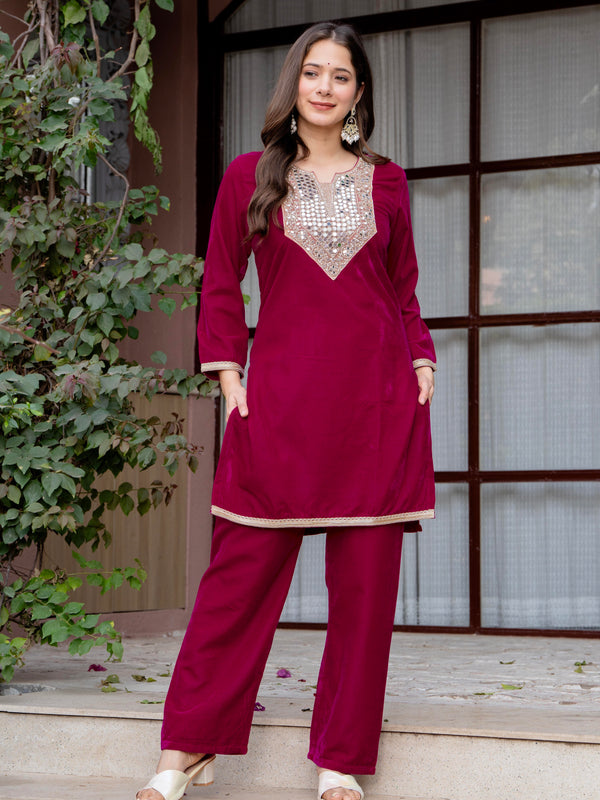 Poshak Hub Women Dark Pink Mirror Work Embroidery Velvet Tunic with Trouser Co-ord Set