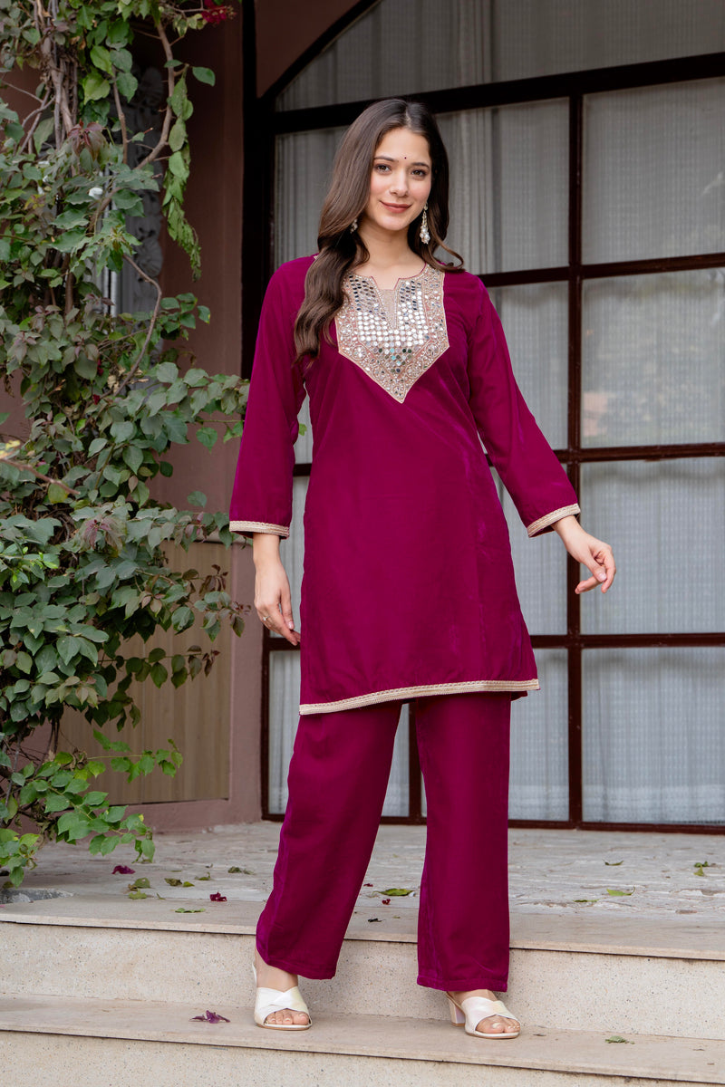 Poshak Hub Women Dark Pink Mirror Work Embroidery Velvet Tunic with Trouser Co-ord Set