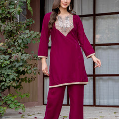 Poshak Hub Women Dark Pink Mirror Work Embroidery Velvet Tunic with Trouser Co-ord Set