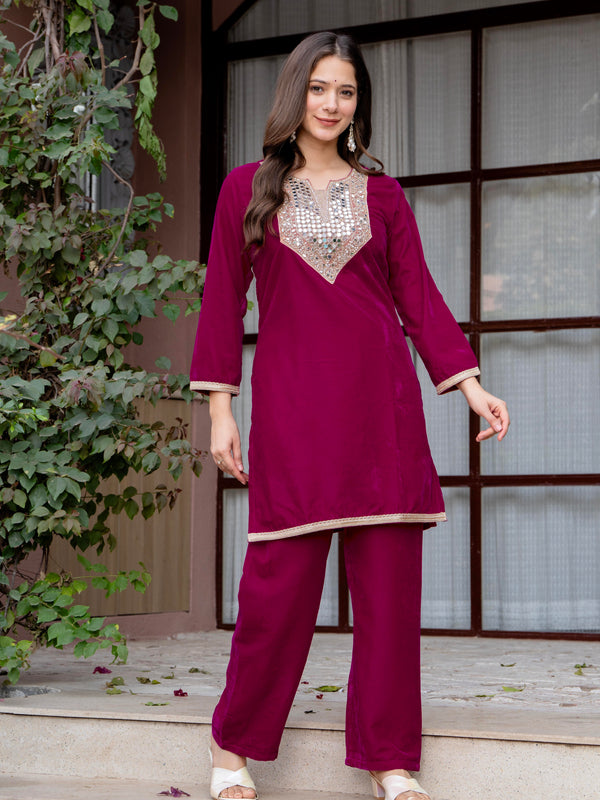 Poshak Hub Women Dark Pink Mirror Work Embroidery Velvet Tunic with Trouser Co-ord Set