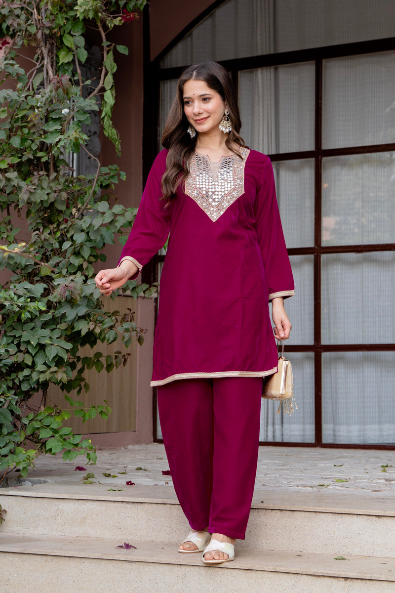Poshak Hub Women Dark Pink Mirror Work Embroidery Velvet Tunic with Trouser Co-ord Set