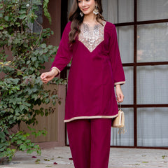 Poshak Hub Women Dark Pink Mirror Work Embroidery Velvet Tunic with Trouser Co-ord Set