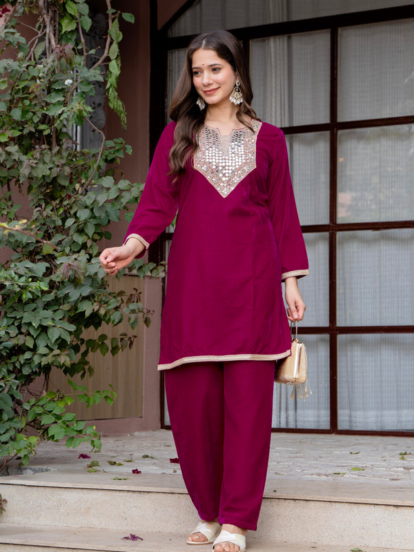 Poshak Hub Women Dark Pink Mirror Work Embroidery Velvet Tunic with Trouser Co-ord Set
