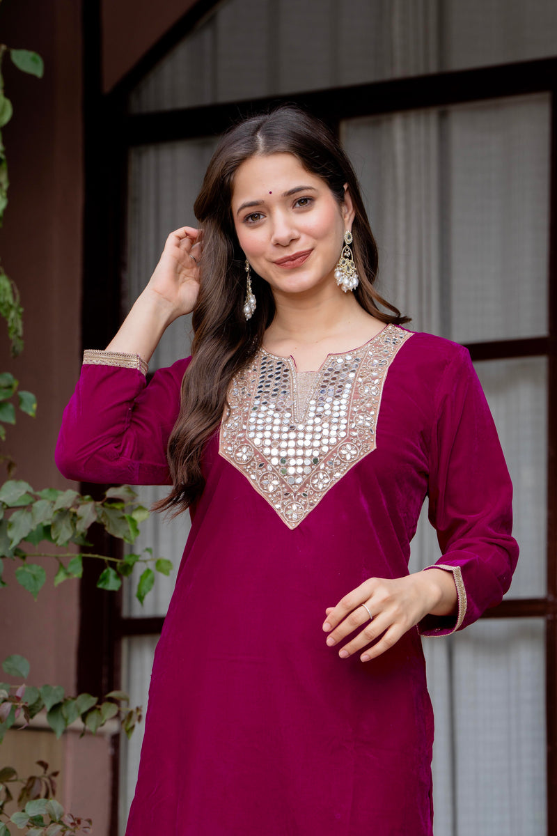 Poshak Hub Women Dark Pink Mirror Work Embroidery Velvet Tunic with Trouser Co-ord Set