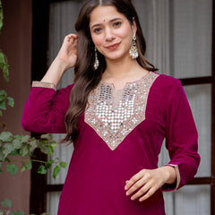 Poshak Hub Women Dark Pink Mirror Work Embroidery Velvet Tunic with Trouser Co-ord Set