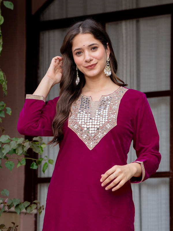 Poshak Hub Women Dark Pink Mirror Work Embroidery Velvet Tunic with Trouser Co-ord Set