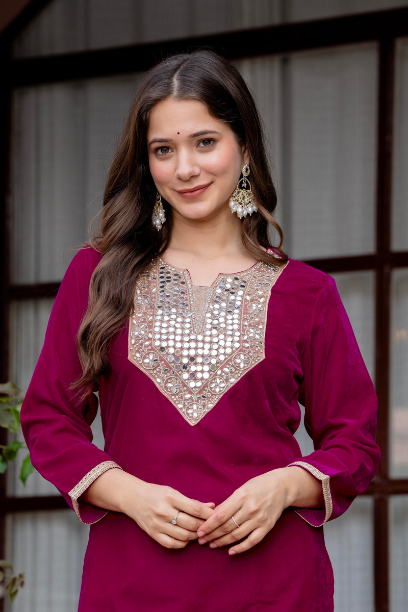 Poshak Hub Women Dark Pink Mirror Work Embroidery Velvet Tunic with Trouser Co-ord Set
