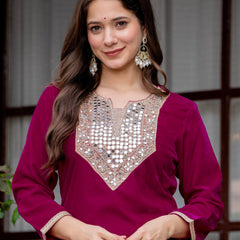 Poshak Hub Women Dark Pink Mirror Work Embroidery Velvet Tunic with Trouser Co-ord Set