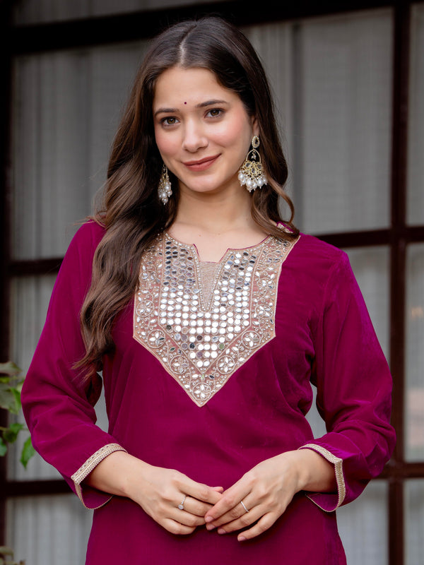 Poshak Hub Women Dark Pink Mirror Work Embroidery Velvet Tunic with Trouser Co-ord Set
