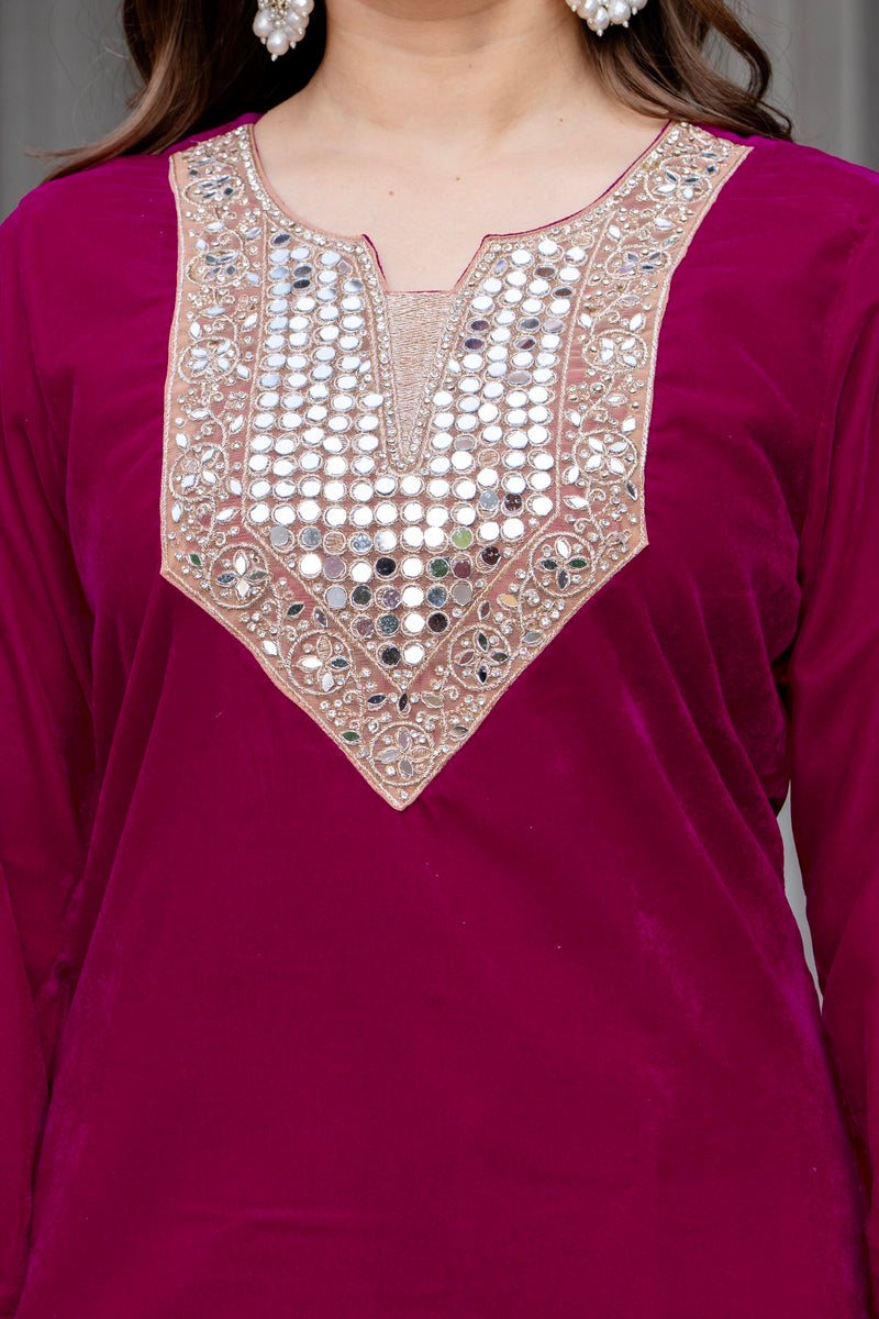 Poshak Hub Women Dark Pink Mirror Work Embroidery Velvet Tunic with Trouser Co-ord Set