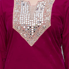 Poshak Hub Women Dark Pink Mirror Work Embroidery Velvet Tunic with Trouser Co-ord Set
