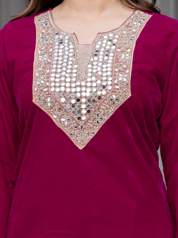 Poshak Hub Women Dark Pink Mirror Work Embroidery Velvet Tunic with Trouser Co-ord Set
