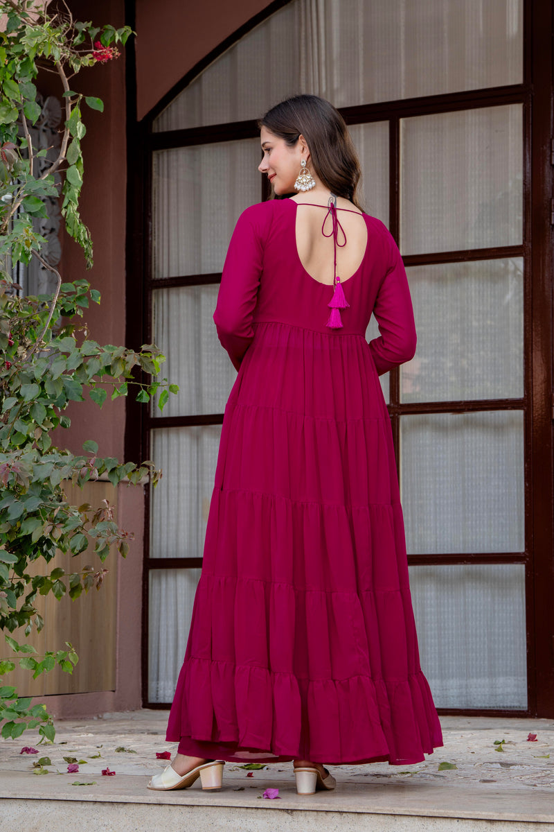 Poshak Hub Women Pink Georgette Tiered Anarkali Kurta with Sharara