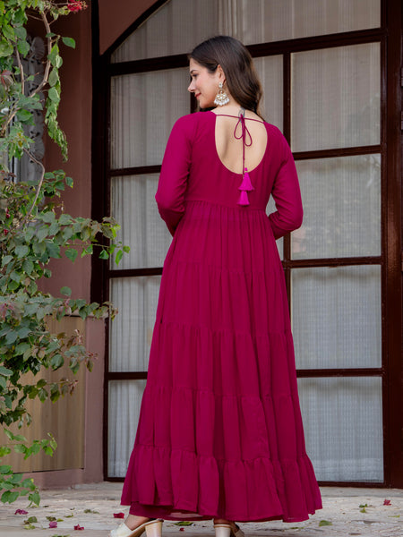 Poshak Hub Women Pink Georgette Tiered Anarkali Kurta with Sharara