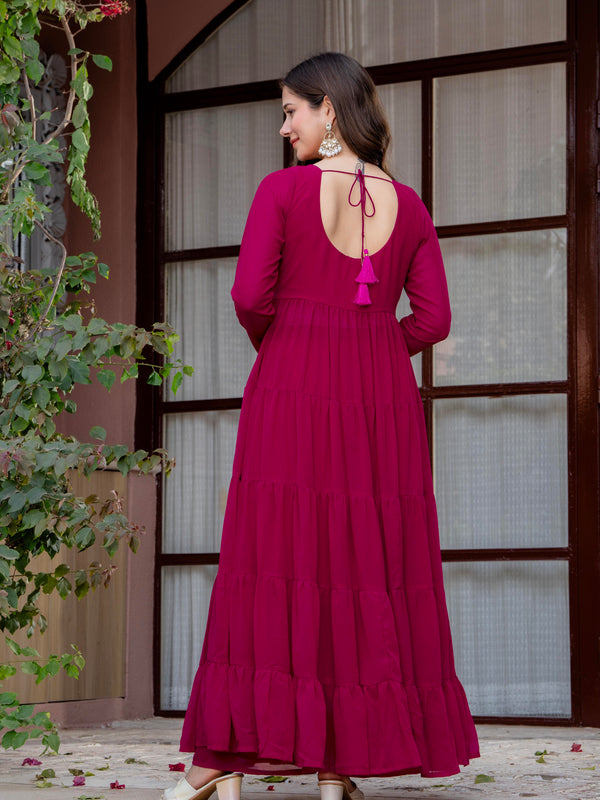 Poshak Hub Women Pink Georgette Tiered Anarkali Kurta with Sharara