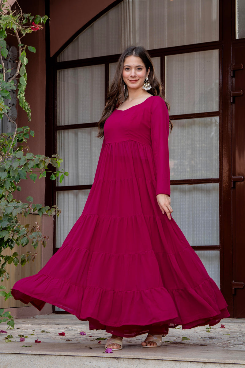 Poshak Hub Women Pink Georgette Tiered Anarkali Kurta with Sharara