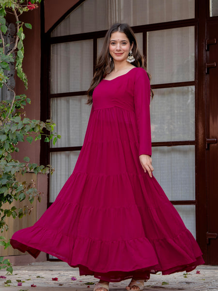 Poshak Hub Women Pink Georgette Tiered Anarkali Kurta with Sharara