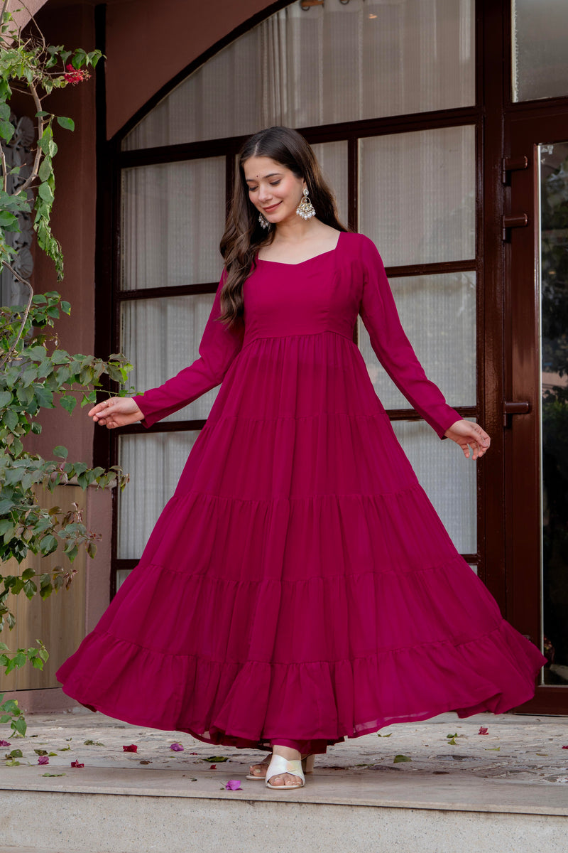 Poshak Hub Women Pink Georgette Tiered Anarkali Kurta with Sharara